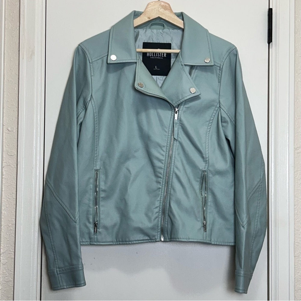 Hollister Blue Faux Leather Moto Jacket L Asymmetrical Zip Notched Collar Vegan - Picture 6 of 7